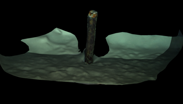 Reconstructed 3D microbathymetry with rough, hummocky seafloor and MeBo-observatory sticking out (data collected during M167 cruise; Menapace et al., 2021)