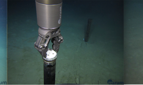 Sighting of a MeBo-observatory (left), retrieval with ROV SQUID (centre), and remaining empty borehole string (right). Stills from ROV footage from a dive at a transform fault in the Gulf of Cadiz area.