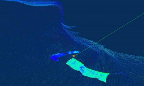 Point cloud representation of one of the surveyed areas with the 3D position of the H‐ROV (yellow vehicle) while acquiring a photo‐mosaic and a much higher resolution bathymetry. 